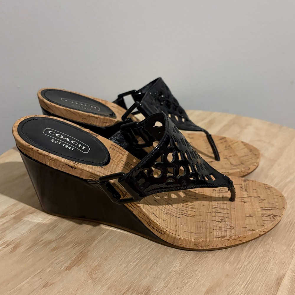 Coach Black and Tan Wedge Sandals with Strappy Design